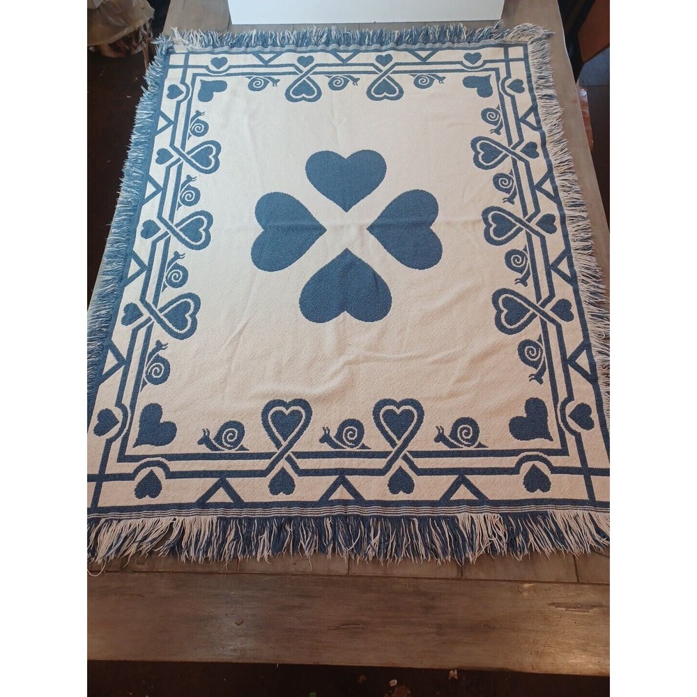 Blue & Cream Reversible Blanket/Throw Made In Spain Hearts & Snails - Picture 3 of 16